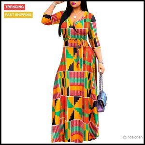 Floral Maxi Dress Elegant V-Neck 3/4 Sleeve Bohemian Summer Casual Wear